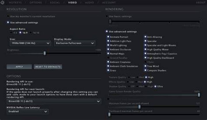 How do I reset Dota 2 to default settings?