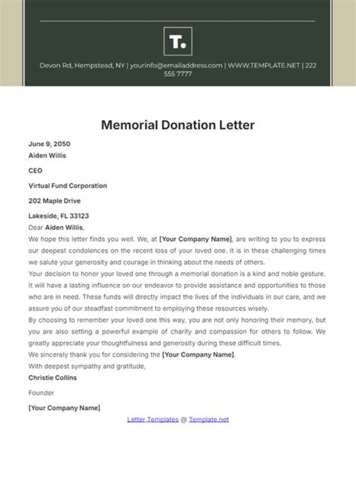 How do you write a memorial donation?